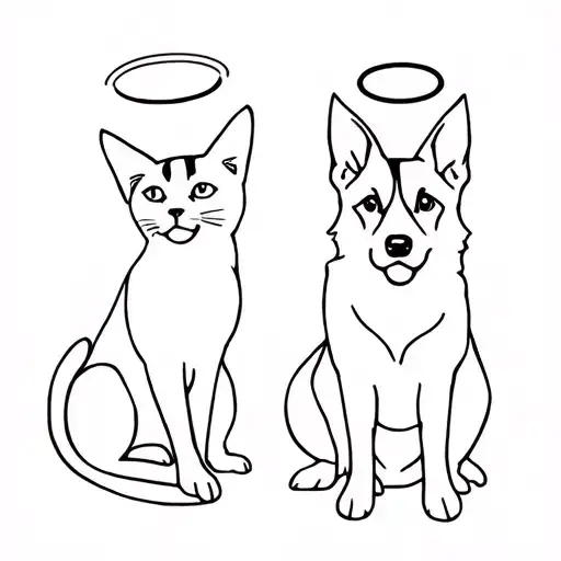 Fine Line Outline Of A Calico Cat And A German Shepherd With Halos Over Their Head