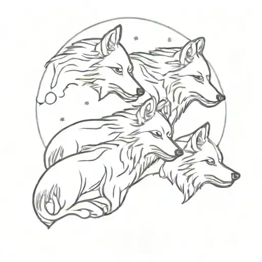 A Minimalist Design Of A Wolf Pack Of 4 Howling At The Moon