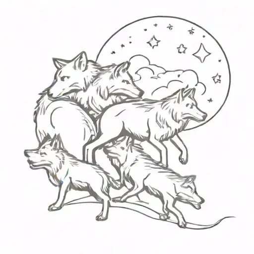 A Sketch Style Tattoo Of A Wolf Pack Of 4 Hunting Under The Moonlight