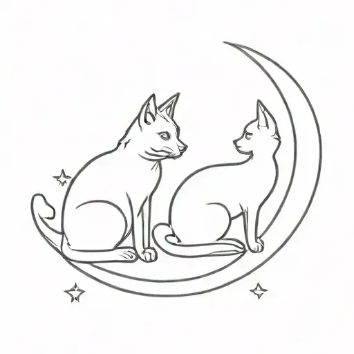 Silhouette Of A Cat And Dog Sitting On A Cresent Moon Black
