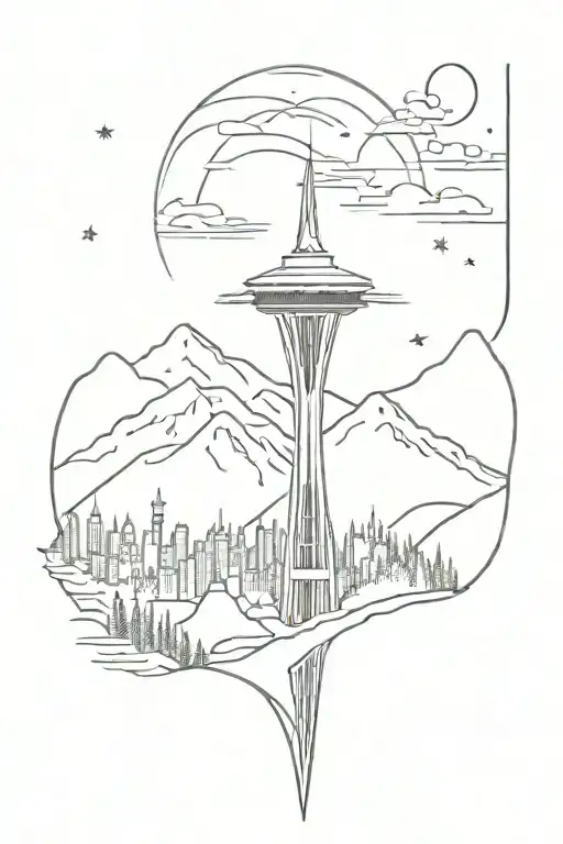 Space Needle With Mountain Range