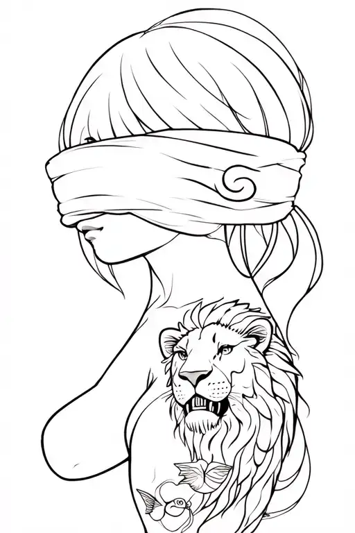 Girl Blindfolded With Three Tooth With Lion Head And Fish Tatoo On Arm