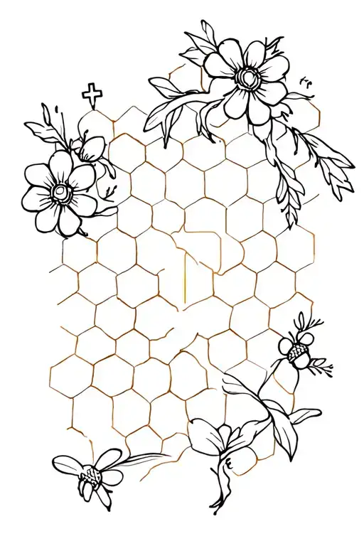 Honeycomb With Bee And Cross And Flowers