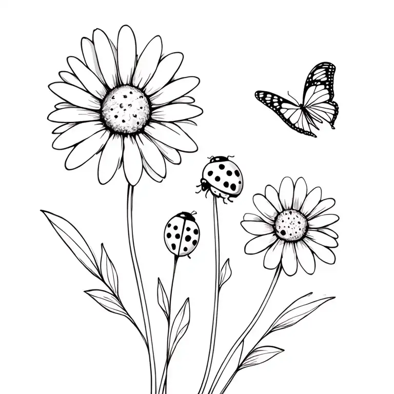 2 Daisies With One Ladybug And One Butterfly