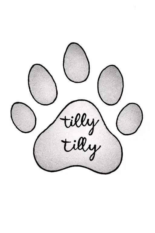Paw Print With Tilly Underneath In Cursive Writing
