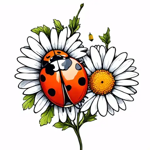 Ladybug And Daisy Flowers And Other Flowers Growing