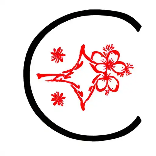 Japanese Symbol For Integrity Intervined With Small Sakura Flower In Red