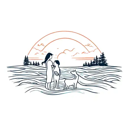 A Daughter And A Dog With Waves And Sunset And Trees