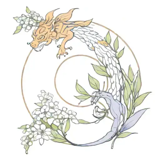 Circle Of Lavender And Lily Of The Valley Flowers With Chinese Dragon And Tiger