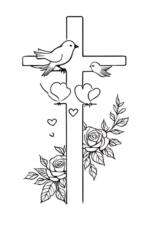 2 Love Birds On A Cross With Roses And Hearts Surrounded