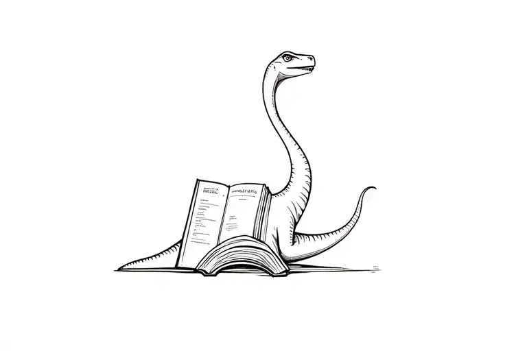 Single Line Tattoo Of Long Neck Dinosaur Reading A Book