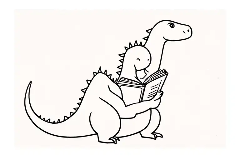 Single Line Tattoo Of Kids Long Neck Dinosaur Reading A Book