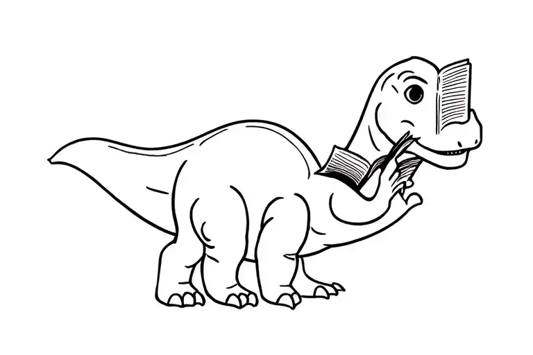 Single Line Tattoo Of Cartoon Sauropod Dinosaur Reading A Book