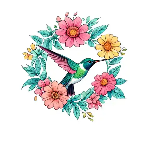 A Hummingbird Surrounded By A Garden Of Colorful Flowers