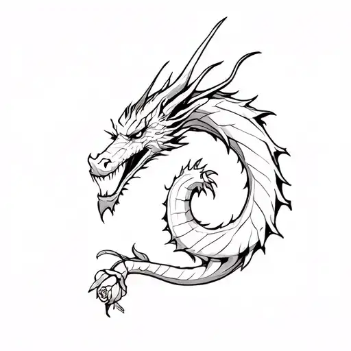 Sketch Of A Minimalistic Dragon Tattoo With A Rosebud At The End Of The Tail For A Biker