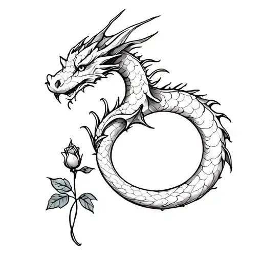 A Sketch Of A Minimalistic Dragon Tattoo That Squeezes A Rosebud With Its Tail