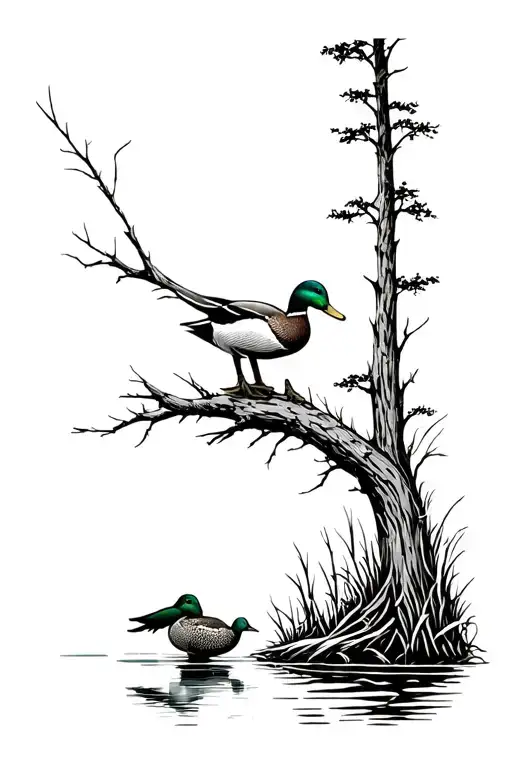 Duck Hunting Scene In Woods Aiming At Duck By The Water With A Tree