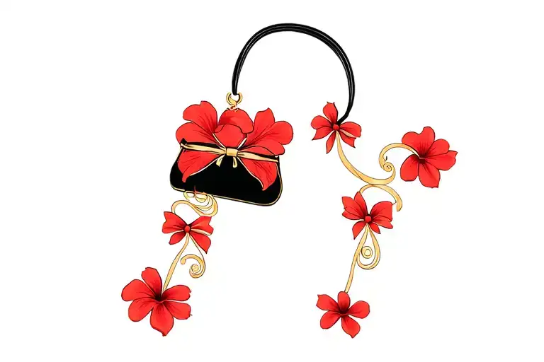 Multiple Red Hibiscus Flowers Around Black Purse And Gold Bow
