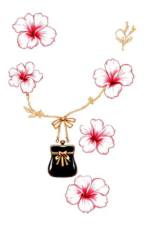Multiple Hibiscus Flowers Around Black Purse And Gold Bow