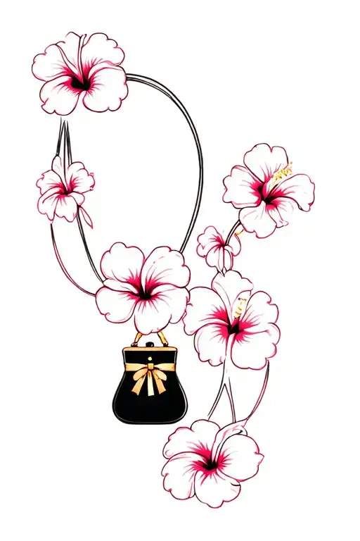 Multiple Hibiscus Flowers Around Black Purse And Gold Bow