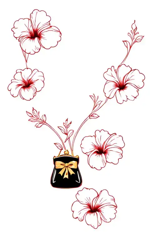 Multiple Hibiscus Flowers Around Black Purse And Gold Bow