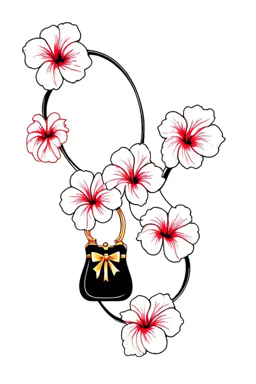 Multiple Hibiscus Flowers Around Black Purse And Gold Bow