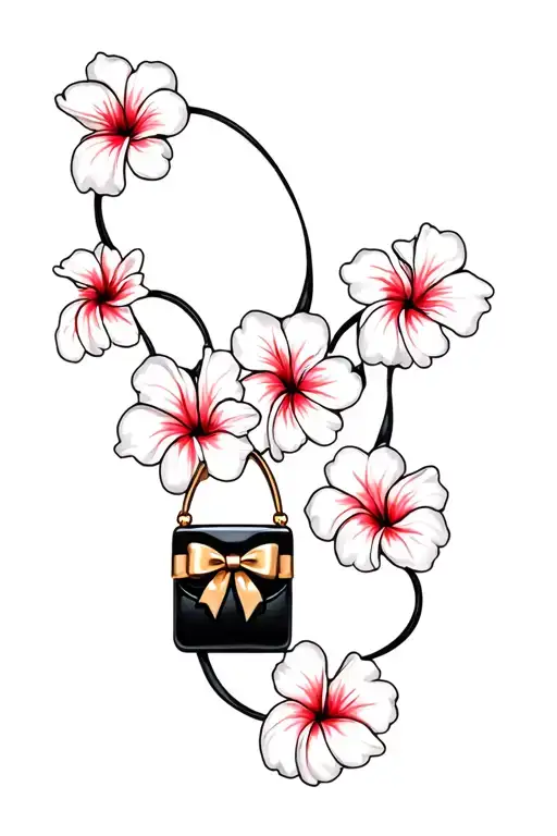 Multiple Hibiscus Flowers Around Black Purse And Gold Bow