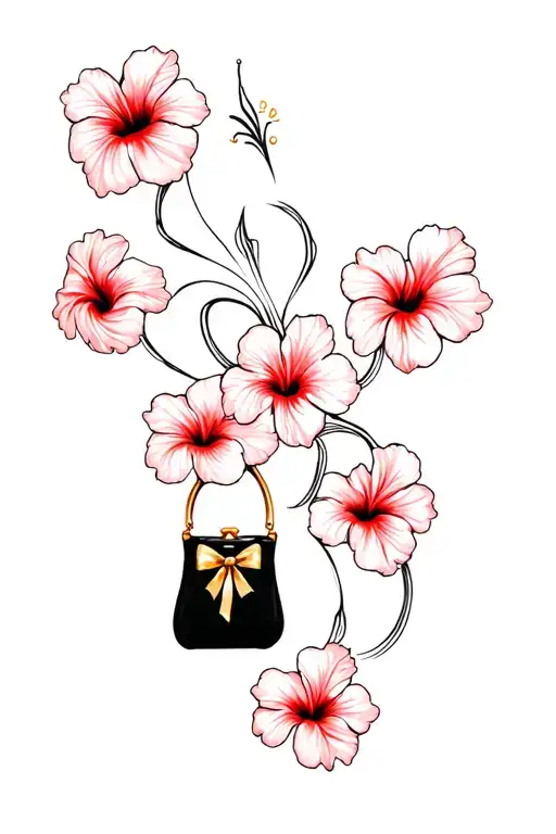 Multiple Red Hibiscus Flowers Around Black Purse And Gold Bow