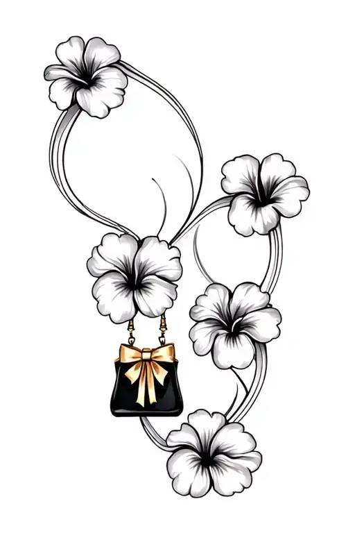 Multiple Black And Grey Hibiscus Flowers Around Black Purse And Gold Bow