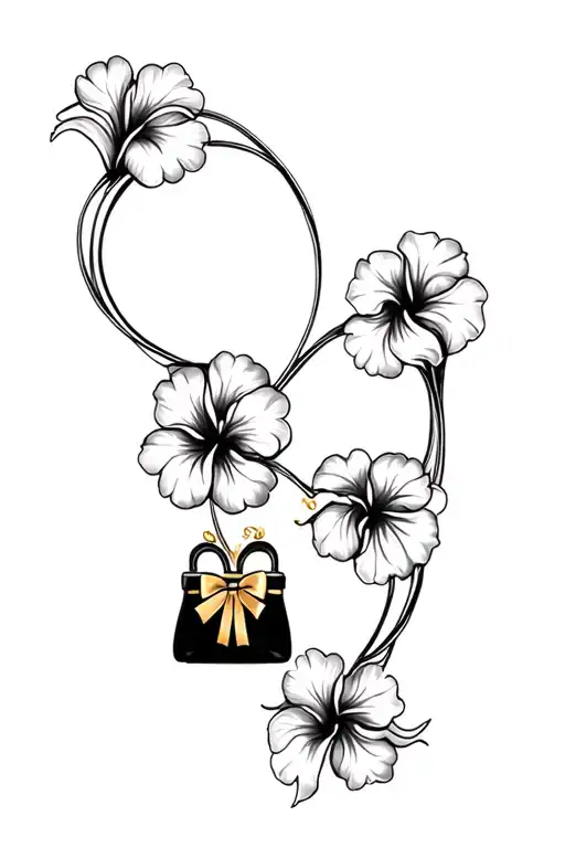 Multiple Black And Grey Hibiscus Flowers Around Black Purse And Gold Bow