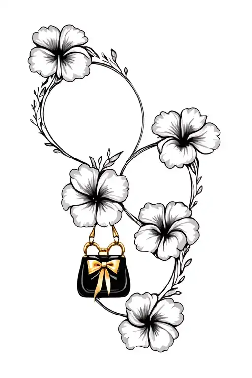 Multiple Black And Grey Hibiscus Flowers Around Black Purse And Gold Bow