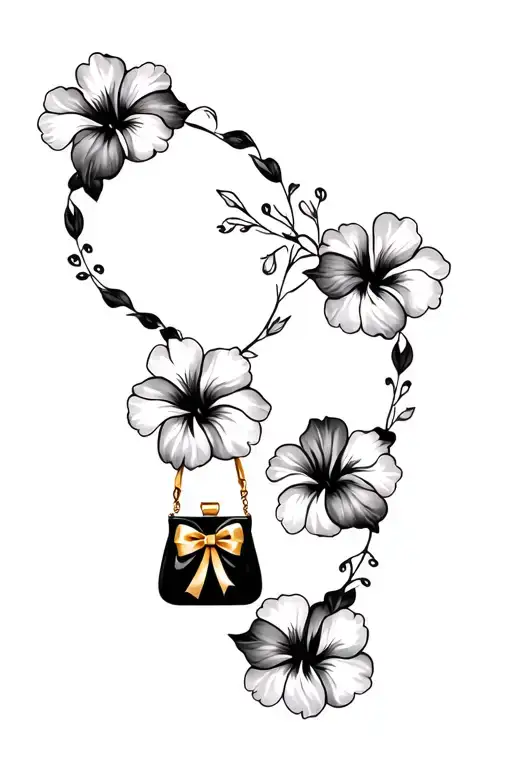 Multiple Black And Grey Hibiscus Flowers Around Black Purse And Gold Bow