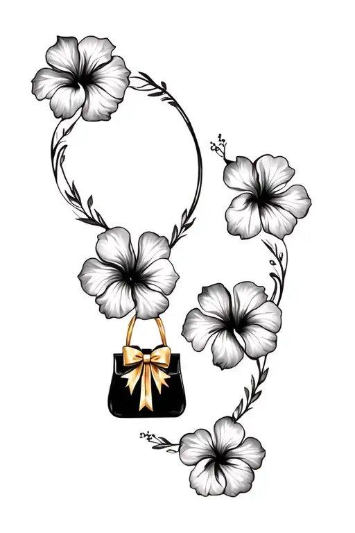 Multiple Black And Grey Hibiscus Flowers Around Black Purse And Gold Bow