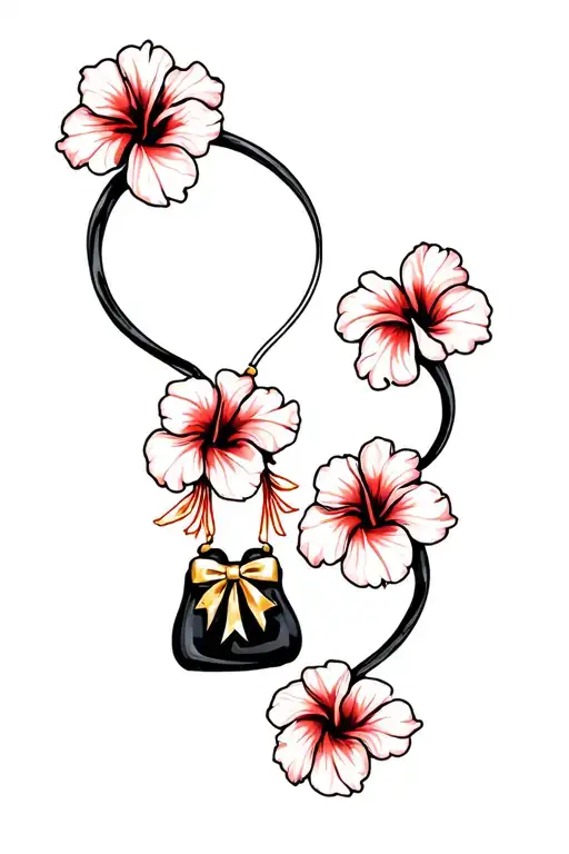 Multiple Red Hibiscus Flowers Around Black Purse And Gold Bow