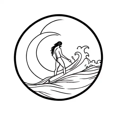 Small Surfer Tati With Moon A Wave And A Surf Board Easy To Draw