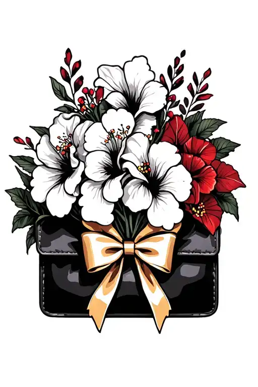Bouquet Of Red Hibiscus Flowers With Black Purse And Gold Bow