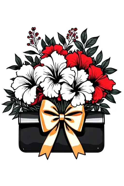 Bouquet Of Red Hibiscus Flowers With Black Purse And Gold Bow