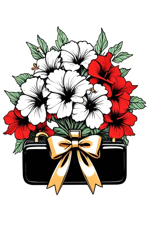 Bouquet Of Red Hibiscus Flowers With Black Purse Charm And Gold Bow