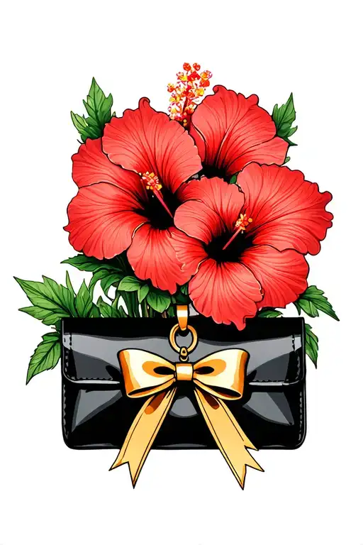 Bouquet Of Red Hibiscus Flowers With Black Purse Charm And Gold Bow