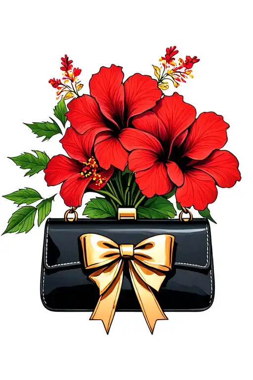 Bouquet Of Red Hibiscus Flowers With Black Purse Charm And Gold Bow