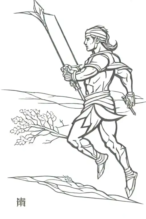 A Warrior Holding A Long Spear Against The Background Of A Tree