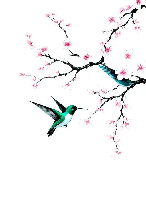 2 Hummingbirds With Cherry Blossom Branch
