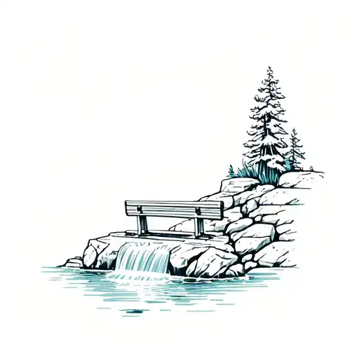 Bench On Rock Wall With Small Waterfall