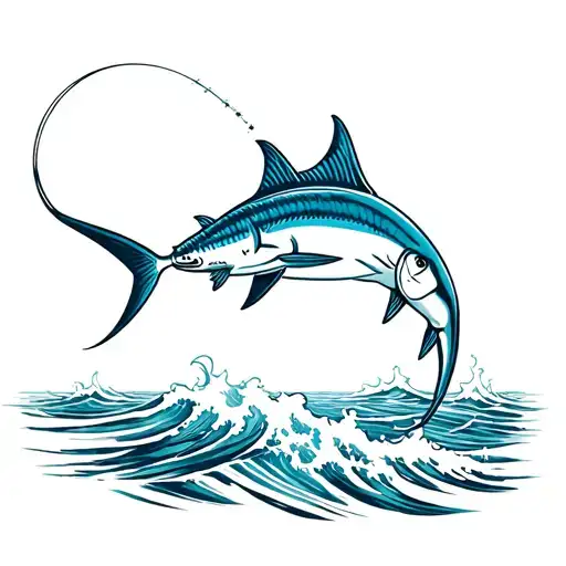 Fishing Line Catching A Marlin With Waves In The Baground
