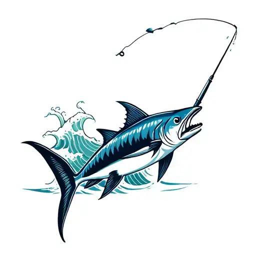 A Marlin With Waves In The Baground With A Fishing Rod Being Cast At It