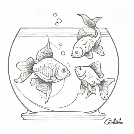 2 Goldfish In A Fish Bowl Looking From The Top Of The Bowl