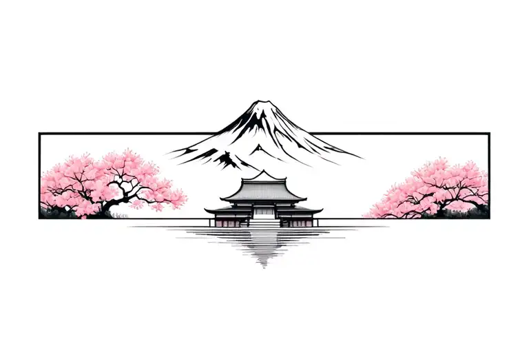 Temple With Sakura Flower And Mount Fuji Surrounded By A Square