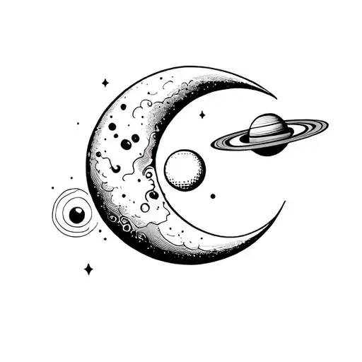 Crescent Moon And Saturn With A Disco Ball In The Middle