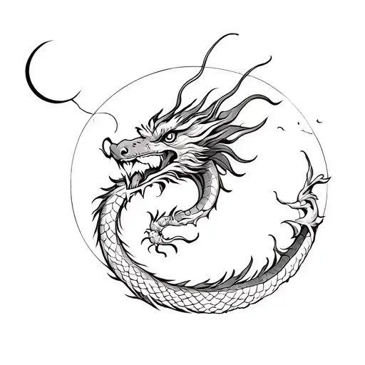 Chinese Dragon With Simple Lines And A Moon In The Background