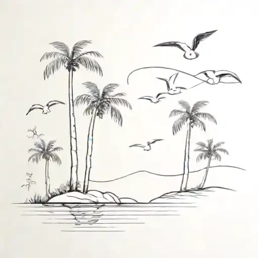 Palm Trees And Six Sea Gulls